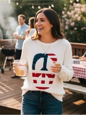 White Peace Sign Sweater Patriotic Red & Navy knitted in